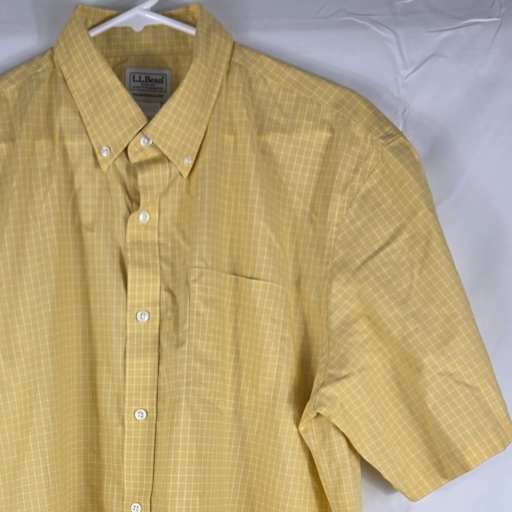 LL Bean Mens Yellow Grid Button Down Shirt Short Sleeve Traditional Fit L-Tall